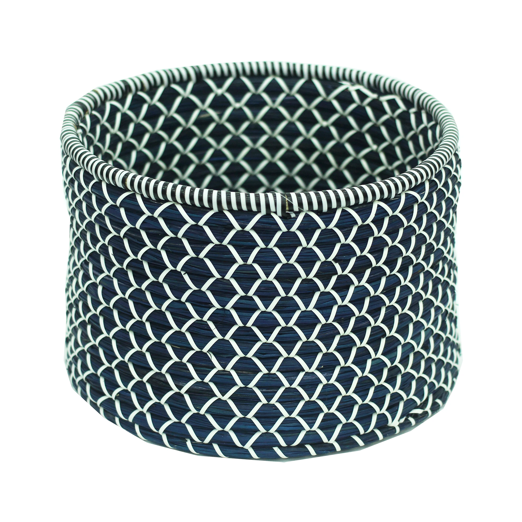 Best quality dark navy with white fibre round storage boxes & bins hand woven from natural eco friendly sea-grass direct OEM ser