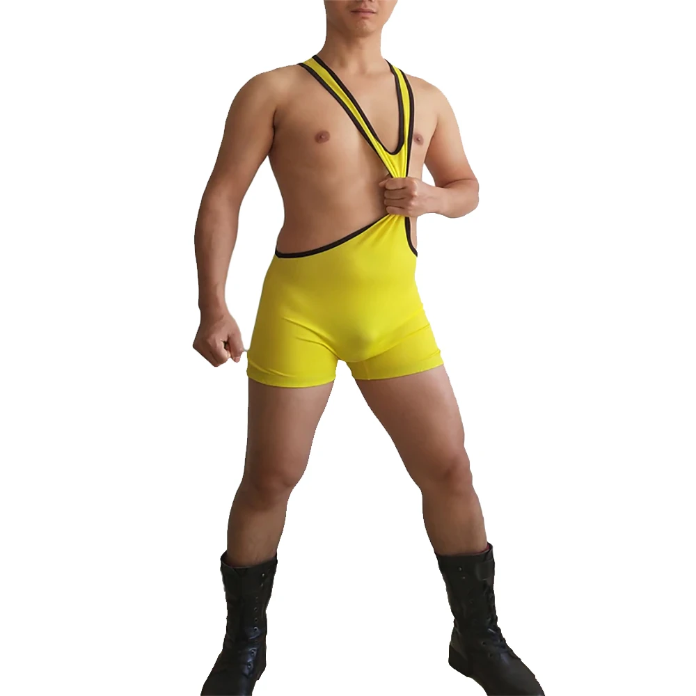 Men Solid Low Cut Wrestling Singlet Skinny Power Lifting Tights Tank Top Shorts Weight Lifting One-Piece Singlets