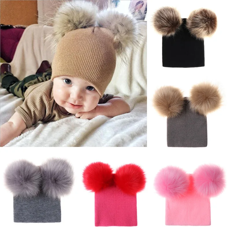 Winter Kids Babys Knit Hat With Two Fur Pompoms Boy Girls Faux Fur Ball Beanie Double Pom Pom Hat for Children Knitted Hats