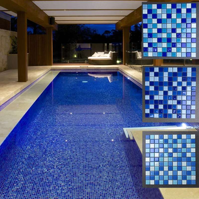 25x25mm square mixed blue color crystal glass mosaic pool tiles
