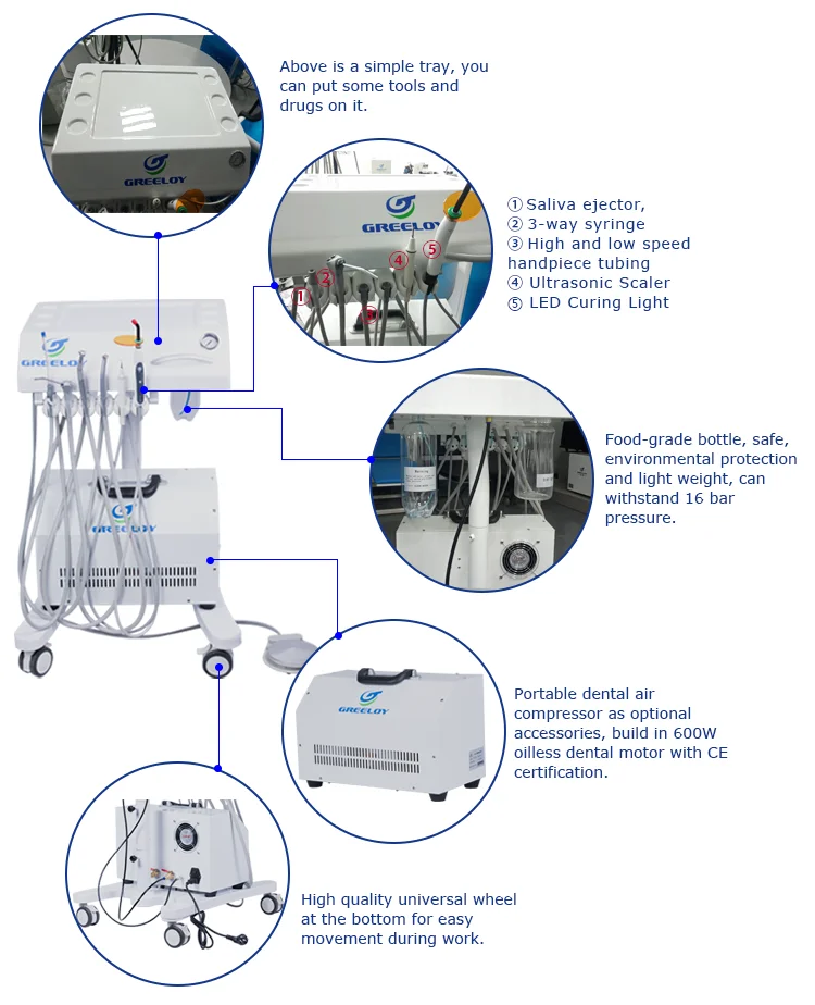 High quality Portable Suction Unit GU-P302 Portable Dental Unit Veterinary Use With Silent Oil Free Air Compressor