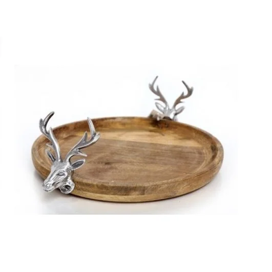 
Handmade Round Wood Serving Tray Decorative coffee tray Ottoman serving Tray W/metal Handles for Kitchen, hotelware, homeware 