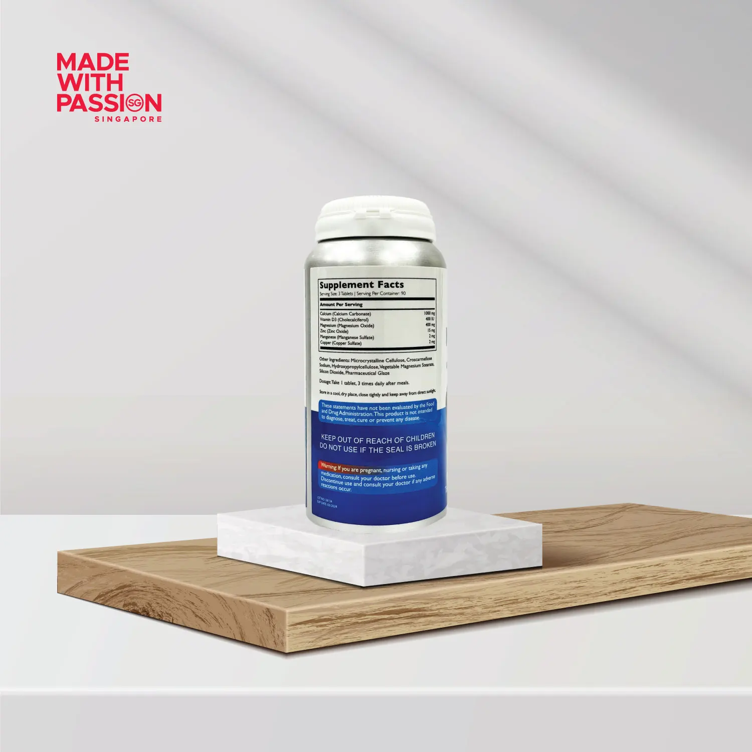 Singapore Healthcare Supplement Factory Halal Certified 100% Natural Calcium Magnesium with Vitamin D3 90s Tablets