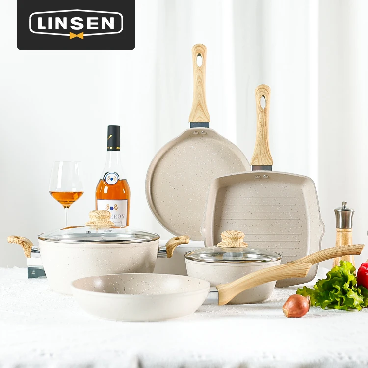 7/10/16Pcs OEM Die Cast Aluminum Composite Bottom White Marble Non Stick Pots And Pans With Wooden Handle Cookware Sets