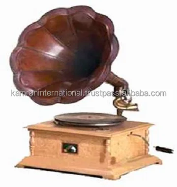 Wooden antique style brass inlay gramophone with embossed brass horn
