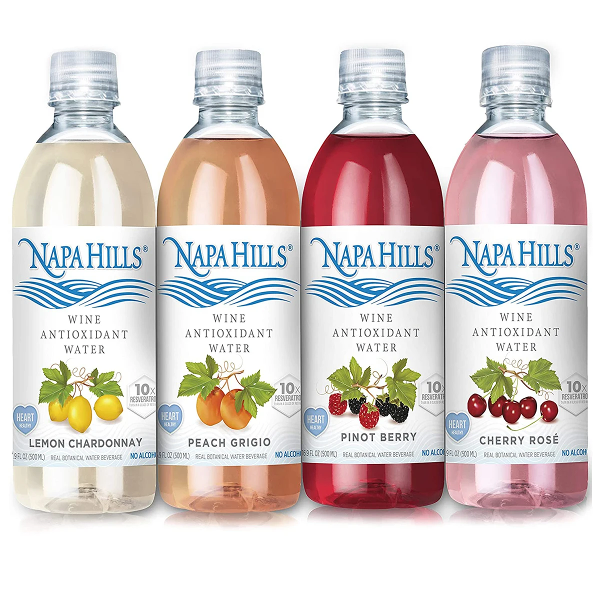 
Gluten Free Napa Hills Fruit Flavored Non Alcoholic Resveratrol Enriched Drink, Variety 3 Lemon 3 Berry 3 Peach 3 Cherry 12 Pack 