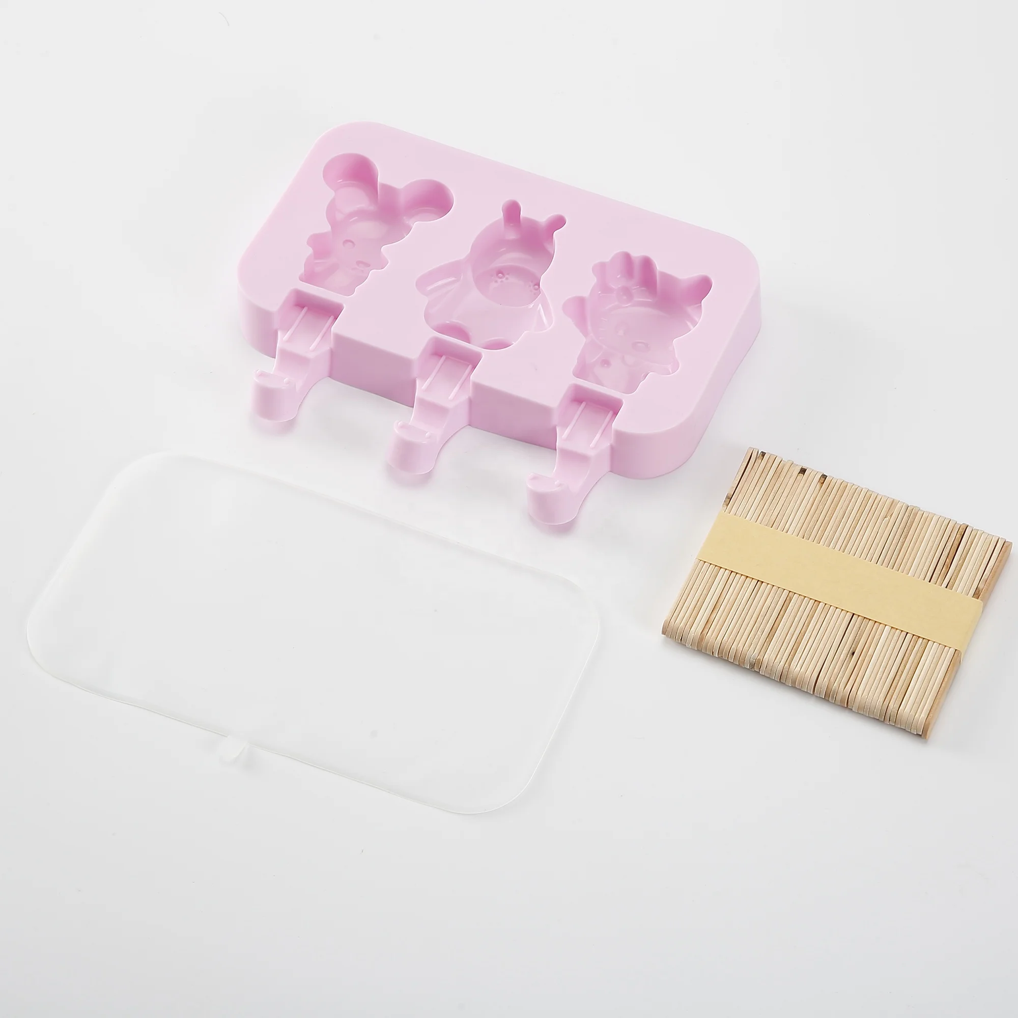 Splendid 3 Cavities Homemade Bear Shaped Silicone Popsicle Ice Lolly Molds with 50 Wooden Sticks