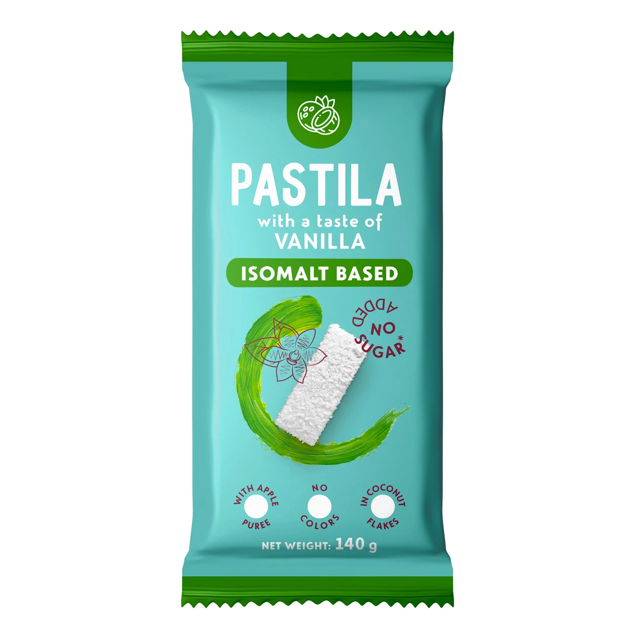
Isomalt based pastila with vanilla taste covered in coconut flakes 