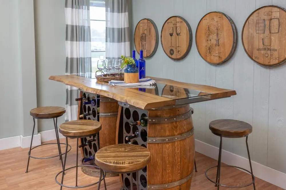 Live Edge top on vintage style Barrel Bar wine cabinet