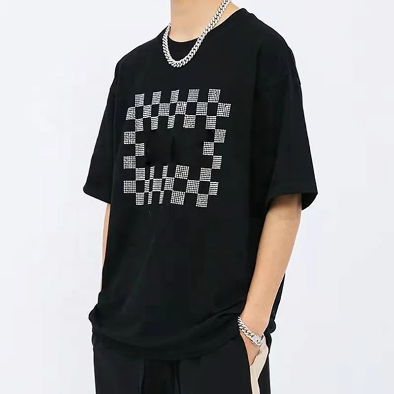 Wholesale Custom Fashion Men cheap low moq rhinestone street style rhinestone transfer t-shirt for men
