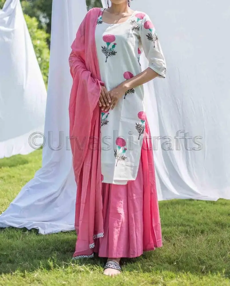 Indian Ethnic Apparel Two Piece Set Women Clothing Hand Block Printed Pink And White Indian Kurtis With Palazzo Pants