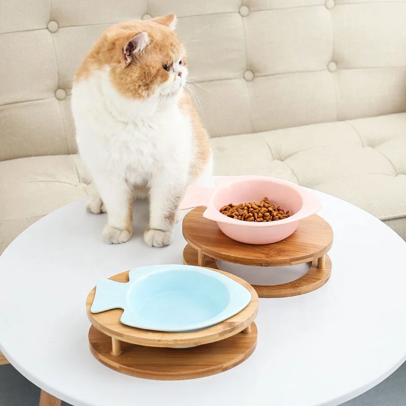Manufacturers Raised Ceramic Fish Shape Pet Bowl With Wooden Frame Stand Cat Dog Bowl Pet Feeder ChaoZhou Supply