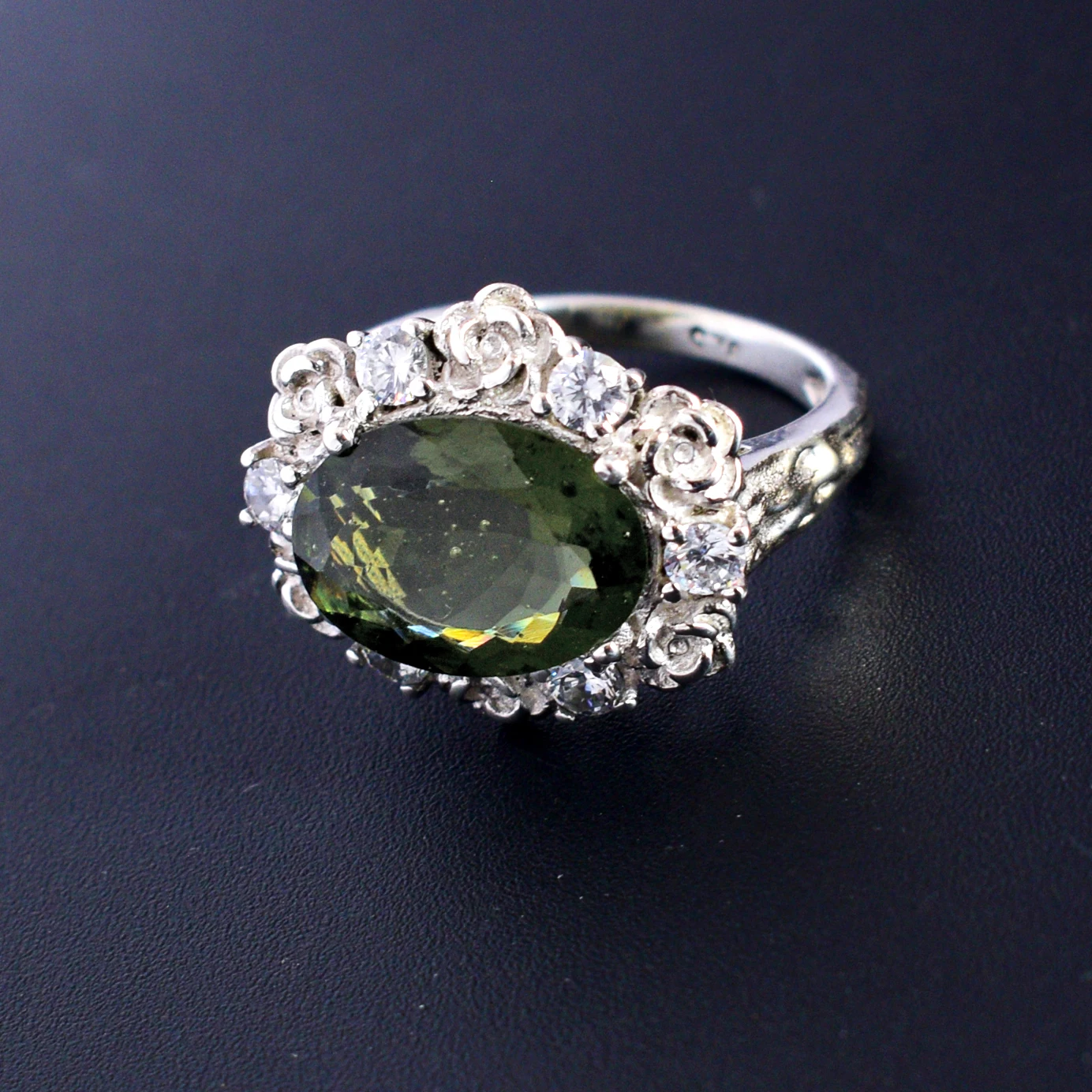 Natural Oval Shape Moldavite Gemstone Designer Ring 925 Sterling Silver Cubic Zirconia Stone Best Fine Jewelry For Women