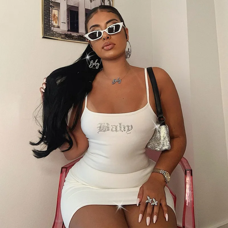 Summer Trends Apparel Women Clothes White Pink Sexy Rhinestone Letter Camisole Strap Dresses 2022  Dress