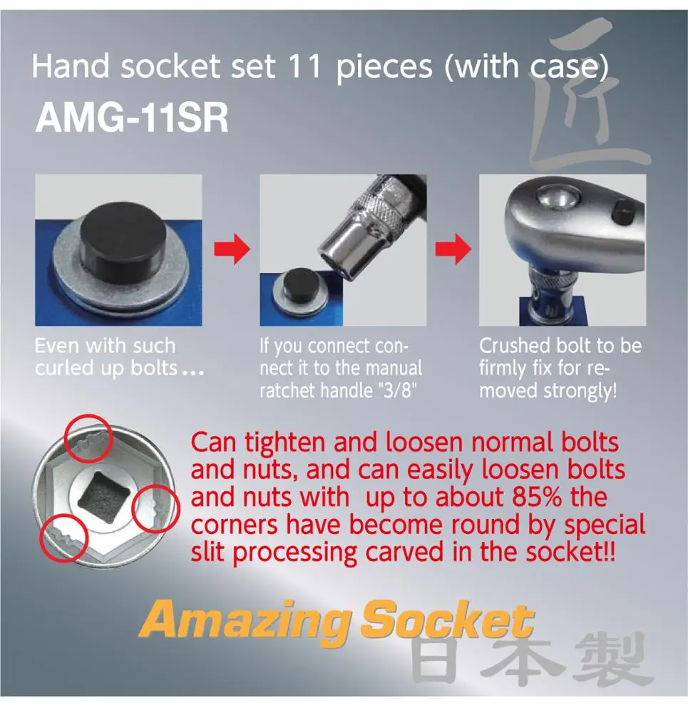 
Japan hot sale wrench tools 3/8 DR Hand socket set 11 pieces (with case) 