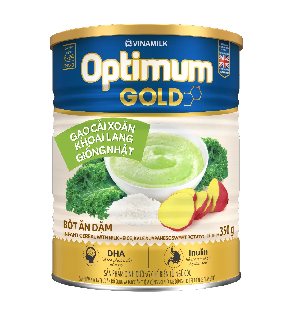 Infant Cereal - Baby Food - Vinamilk - Optimum Gold - Rice,Kale & Japanese Sweet Potato flavor - Packing 350g per Tin x 24 Tins