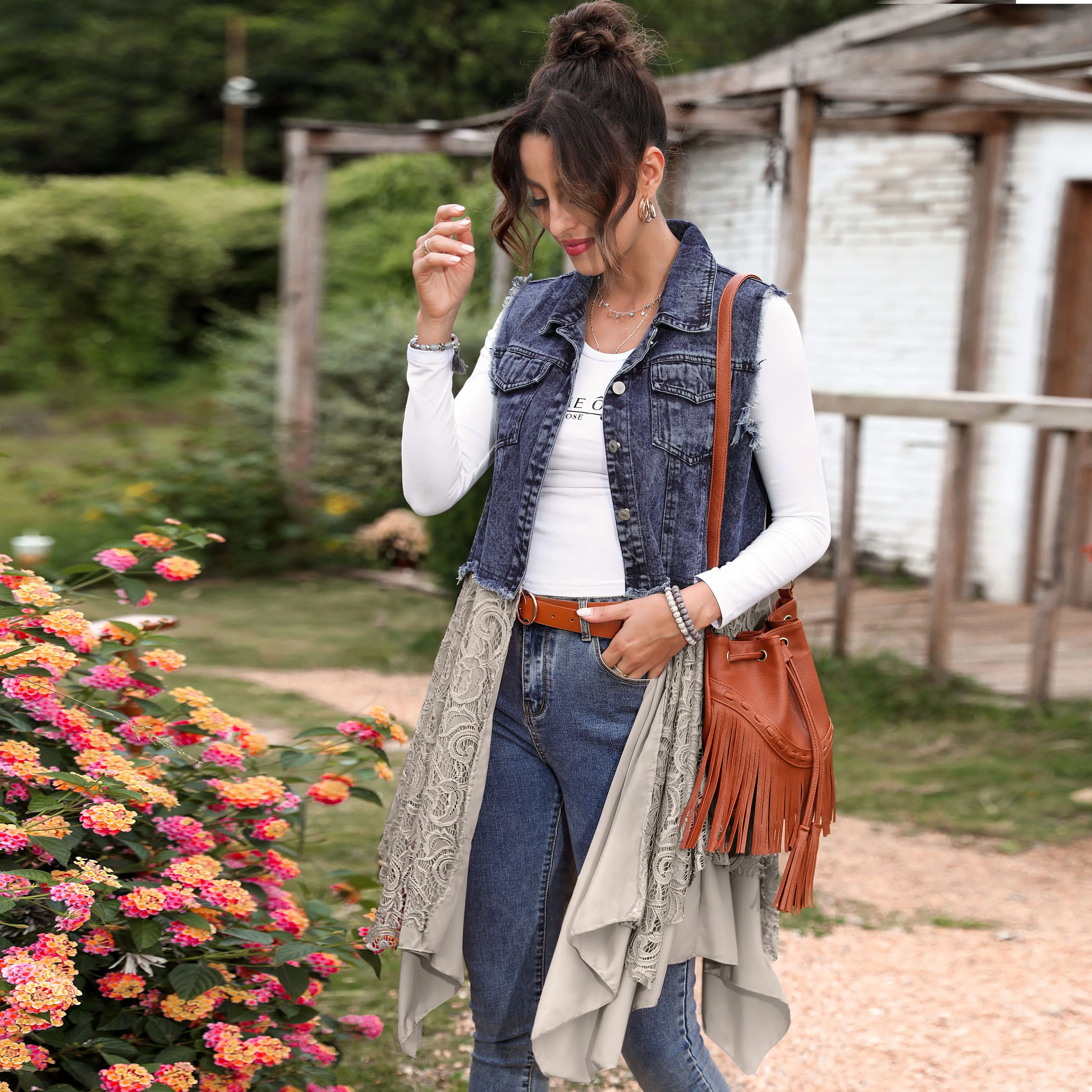 Denim &  Lace Handkerchief Button-Up Longline Vest