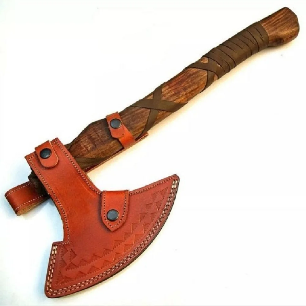 
Custom Handmade Damascus Steel Viking Style Axe Camping Axe High Quality Tactical Axe Hatches With leather sheath 