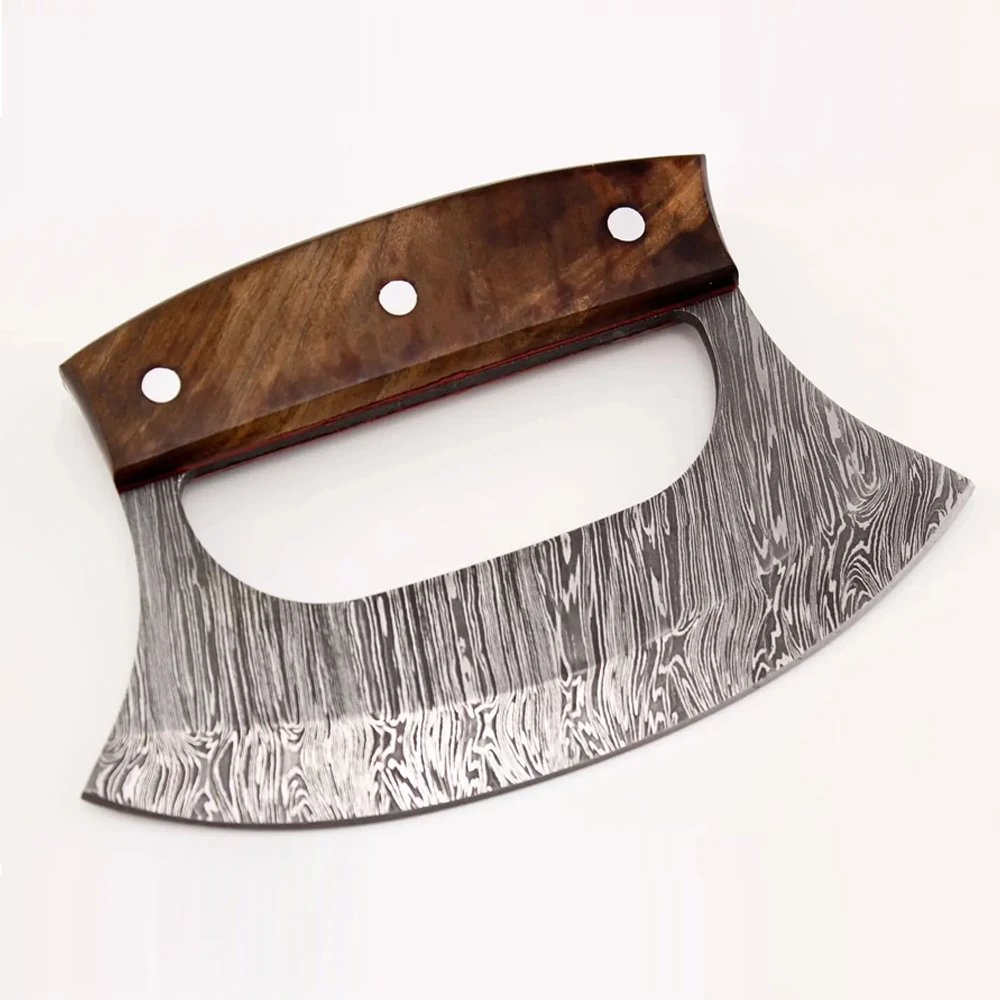 Custom Ulu Knife Handmade Damascus Chef Kitchen Ulu Knife With Leather Sheath