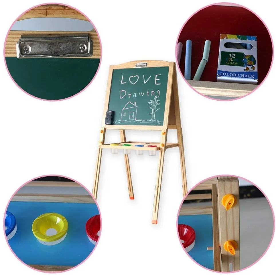 Fold Solid Easel Wood Children Double Sided Adjustable Drawing Board Chalk Board For Kids Educational Toys
