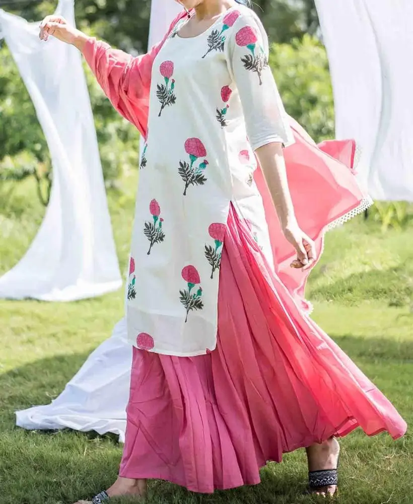 Indian Ethnic Apparel Two Piece Set Women Clothing Hand Block Printed Pink And White Indian Kurtis With Palazzo Pants