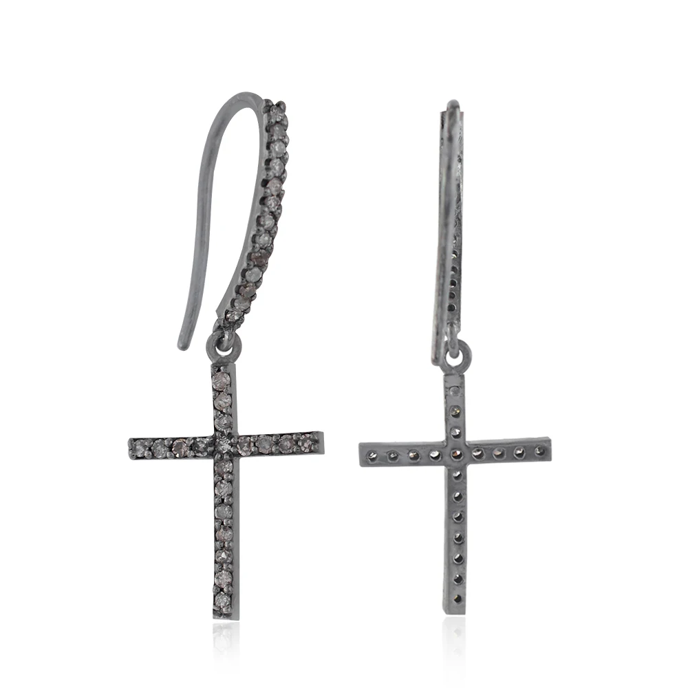 Single Line Pave Diamond Religious Cross Charm 925 Silver Ear Wire Hook Drop Dangle Earrings Jewelry Wholesale