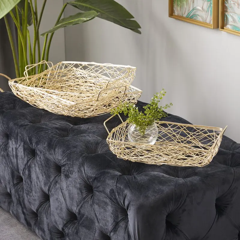 Золотой декоративный поднос с цветочным рисунком из металлической проволоки ручкой/поднос под туалетный столик органайзер для хранения на кухне.