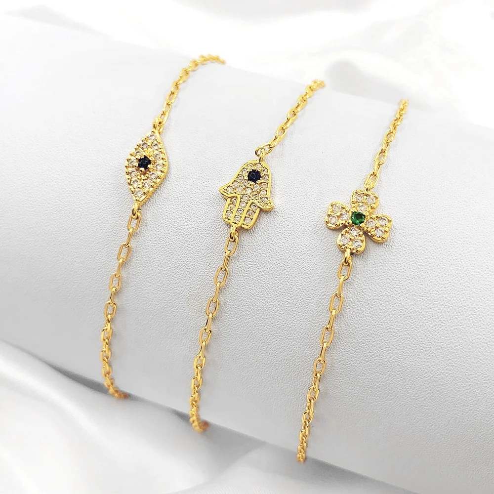 Thin Chain 18K Gold Plated Jewelry Four Leaf Clover Turkish Evil Eye Hamsa Hand Charm Bracelets