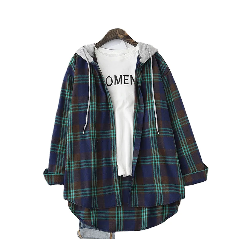 Containing Xinjiang cotton student spring and autumn plaid shirt women retro Hong Kong flavor ins loose hooded sunscreen cotton