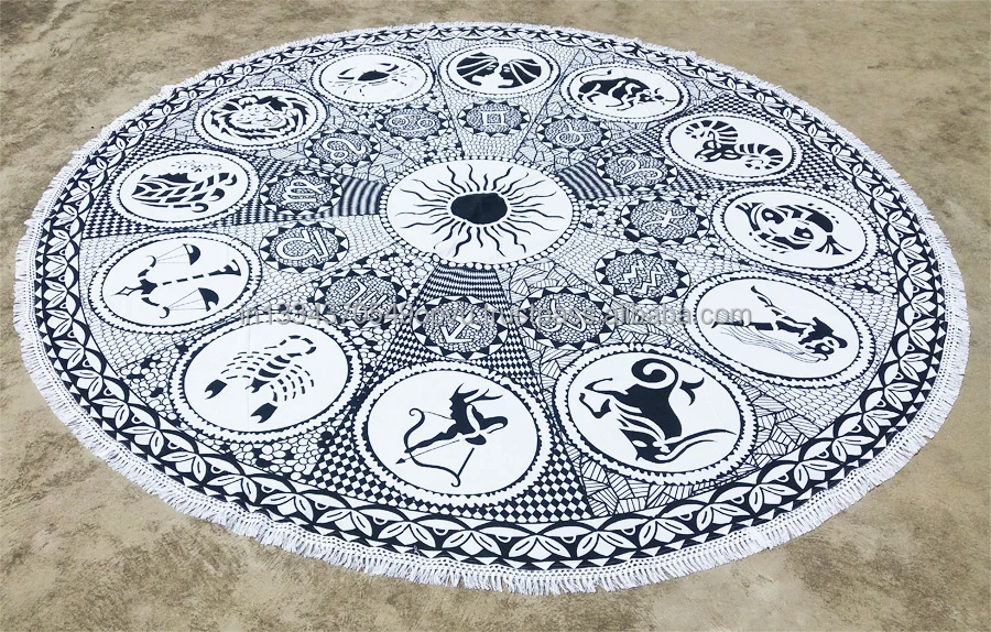 Magical Elegant Feel Black and White Astrology 12 Zodiac Signs Round Tassel Fringes Tapestry Bohemian Beach & Home Decor Throw