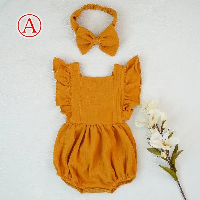
New 100% Cotton Baby ruffle rompers Climbing Clothes Lotus Leaf Lace Summer Clothing Girl Baby Romper Hair Band Set 