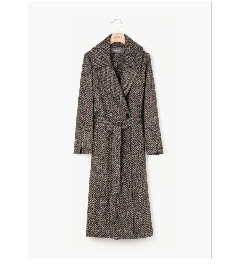 Italian Long Double-Breasted Coat in Herringbone Fabric|Padded with Quilt Lining|Women Fashion