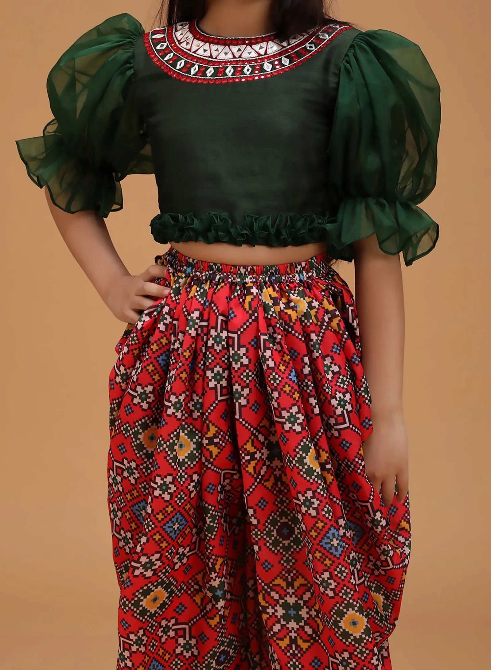 Fashion Clothing Girls Indian Patiala Punjabi Kids Wear Mirror Threadwork Green Top Patola Printed Dhoti finest elements