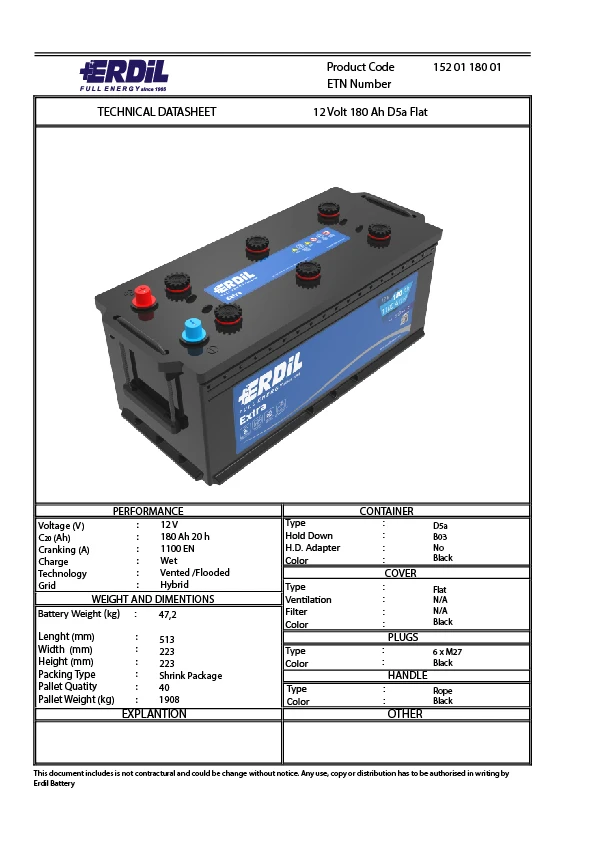 
Turkish 12 V 180 Ah D5a Flat Heavy Duty Battery 