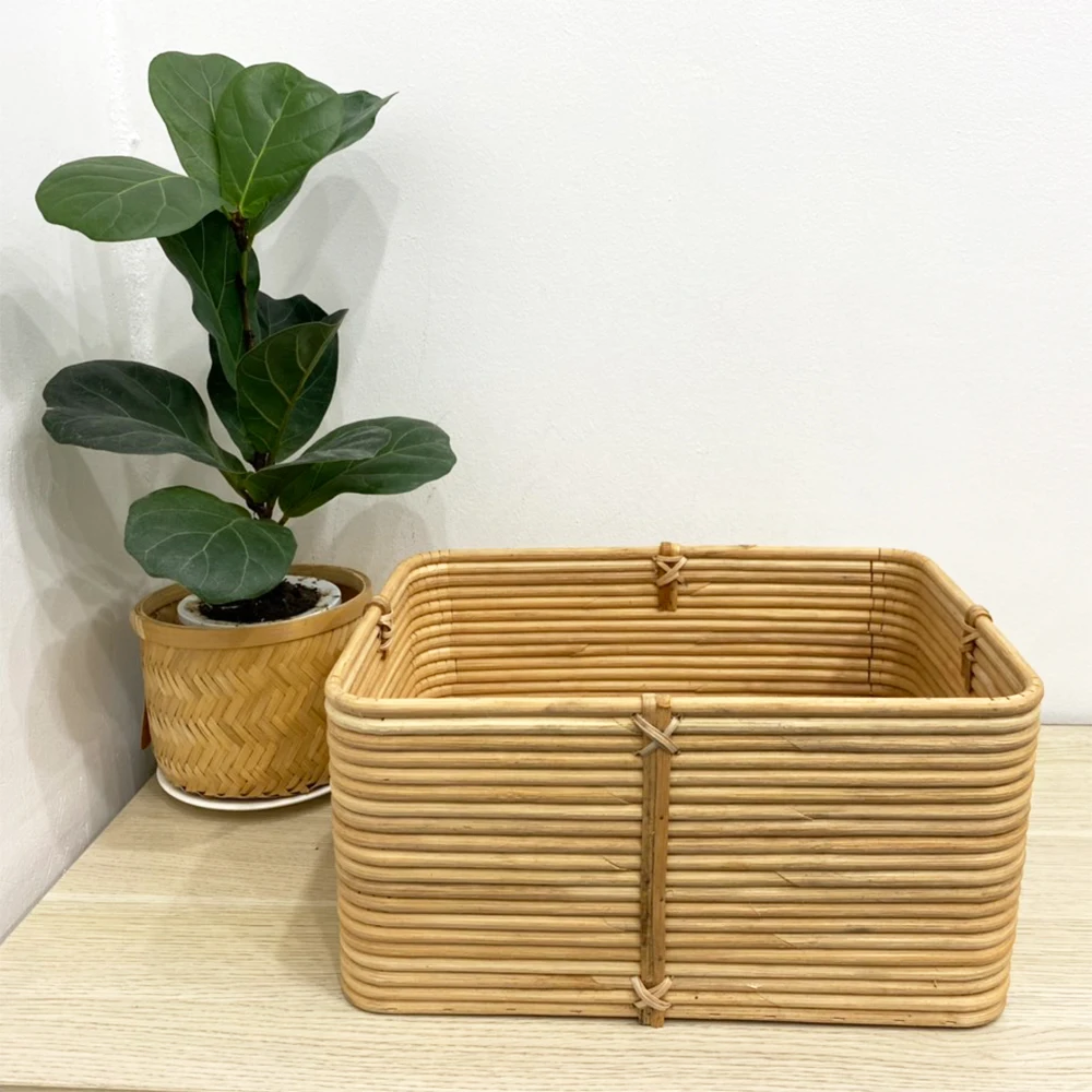 Hot trend natural light yellow rattan storage basket wicker storage box cane basket woven use for storageing books toys clothes