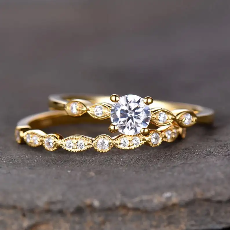 Art Deco Engagement Ring 5mm Round Cut CZ Solitaire Ring Marquise Wedding Band Milgrain Sterling Silver Wedding Ring Set Yellow