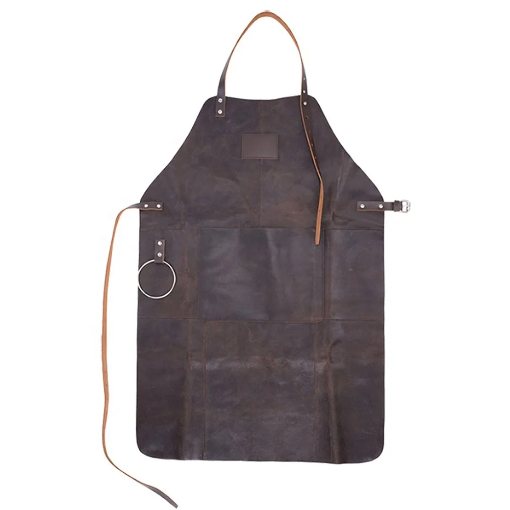 Adjustable Leather Aprons with Pockets in Genuine leather yellow color with Custom Logo low MOQ Apron for Workshop & Restaurant