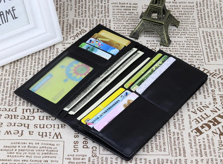 Handmade soft sheep skin leather man long wallet fashion genuine leather woven bifold card wallet for men
