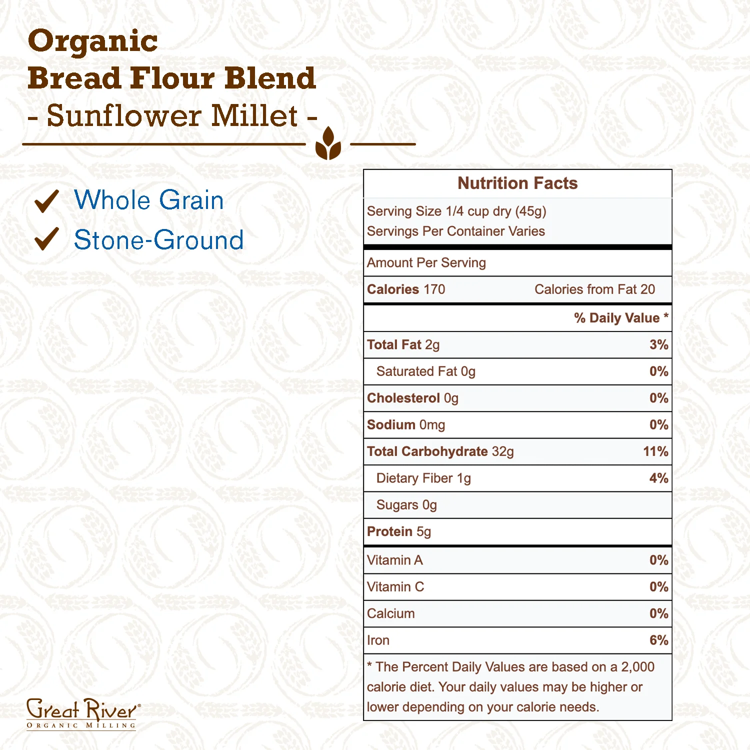 Great River Organic Milling Bread Flour Blend, Stone Ground, Organic, Sunflower Millet, 25 Pound (Pack of 1)