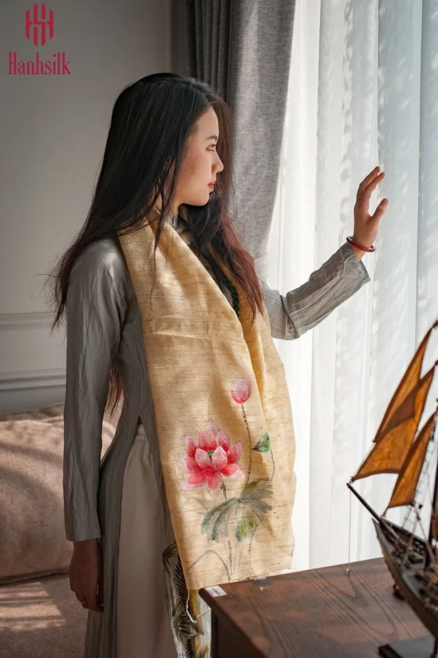 Floral scarves 2020 double faced design by Vietnamese Artist with 100% Natural Silk 80x180cm