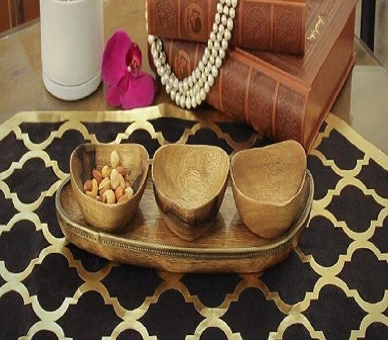 
Three Heart Shaped Bowl Wooden Brass Serving Tray Set for dry fruits and sweets 