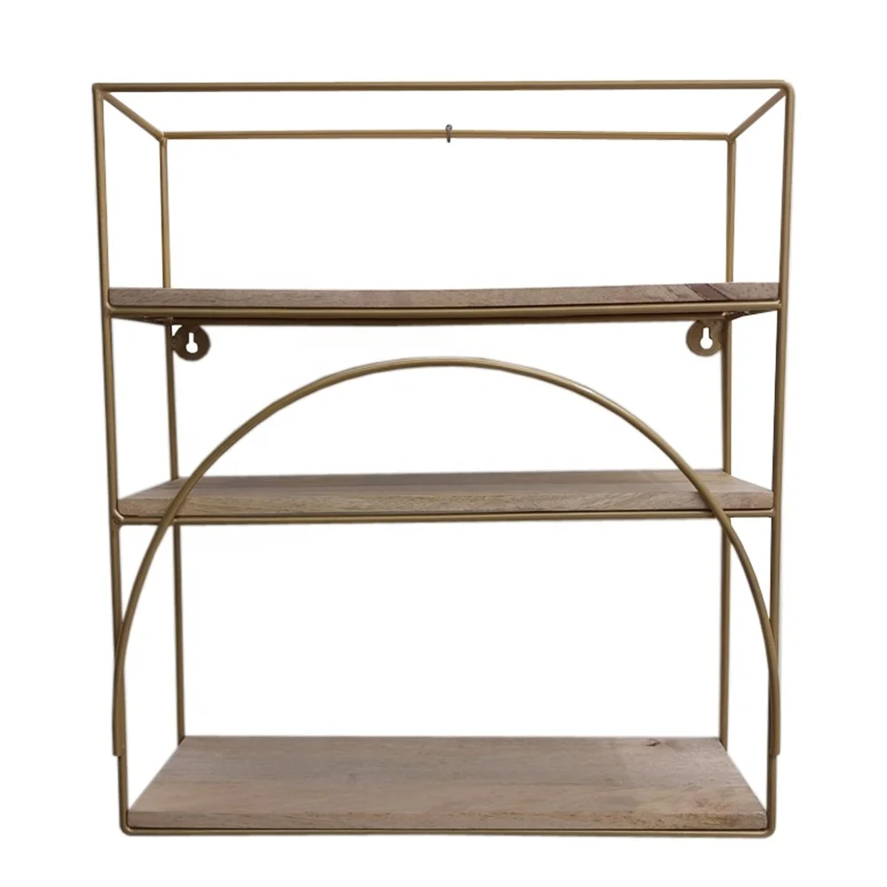 Best Seller Wall Decorative Iron & Wood Shelve Gold And Natural Colour American Style Rack For Storage Handmade
