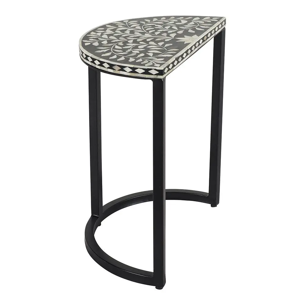  BONE INLAY HALF ROUND FLORAL BLACK SIDE TABLE INDIAN HANDMADE