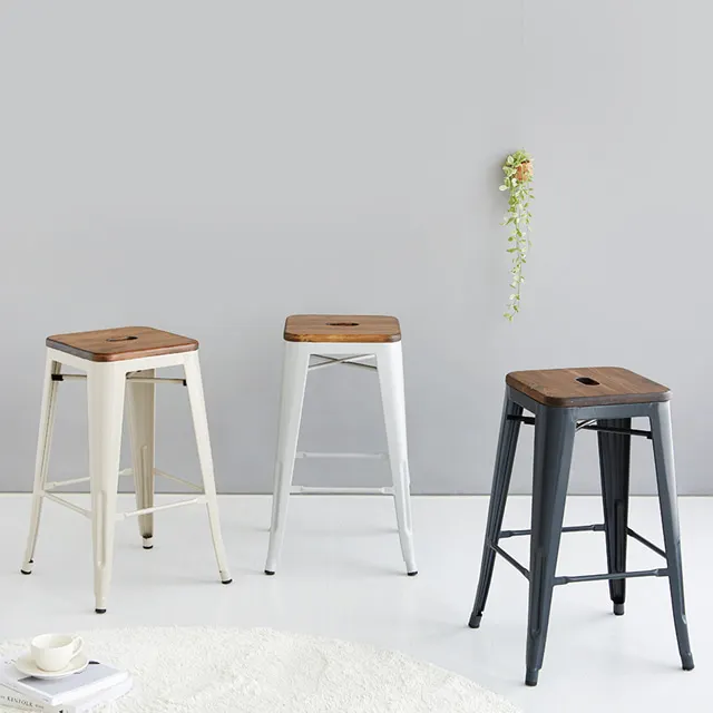 French Style stack counter dining stool metal iron bar stool with timber seat height 66cm