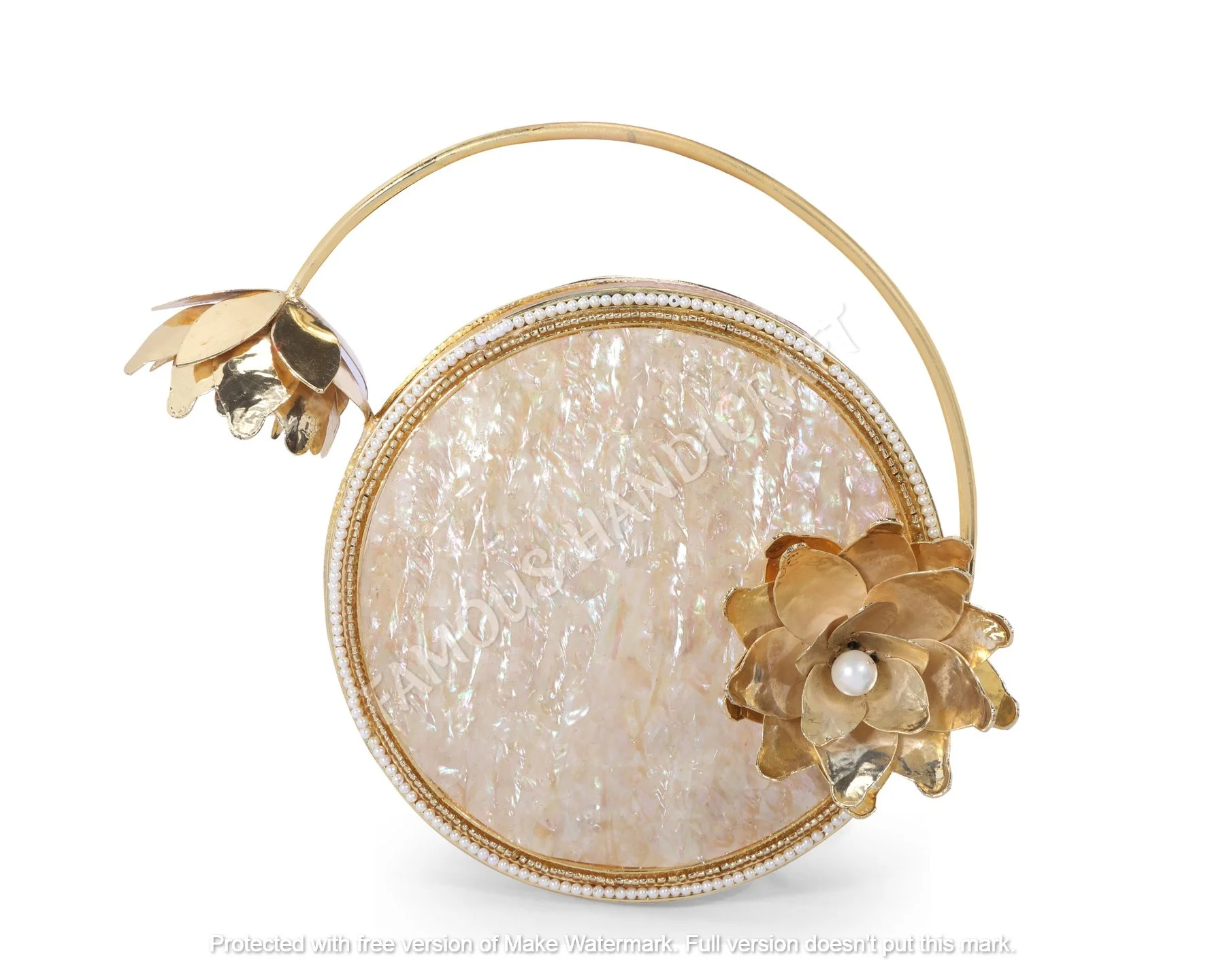 Mother of Pearl round handcrafted, handmade, designer luxury handbag,