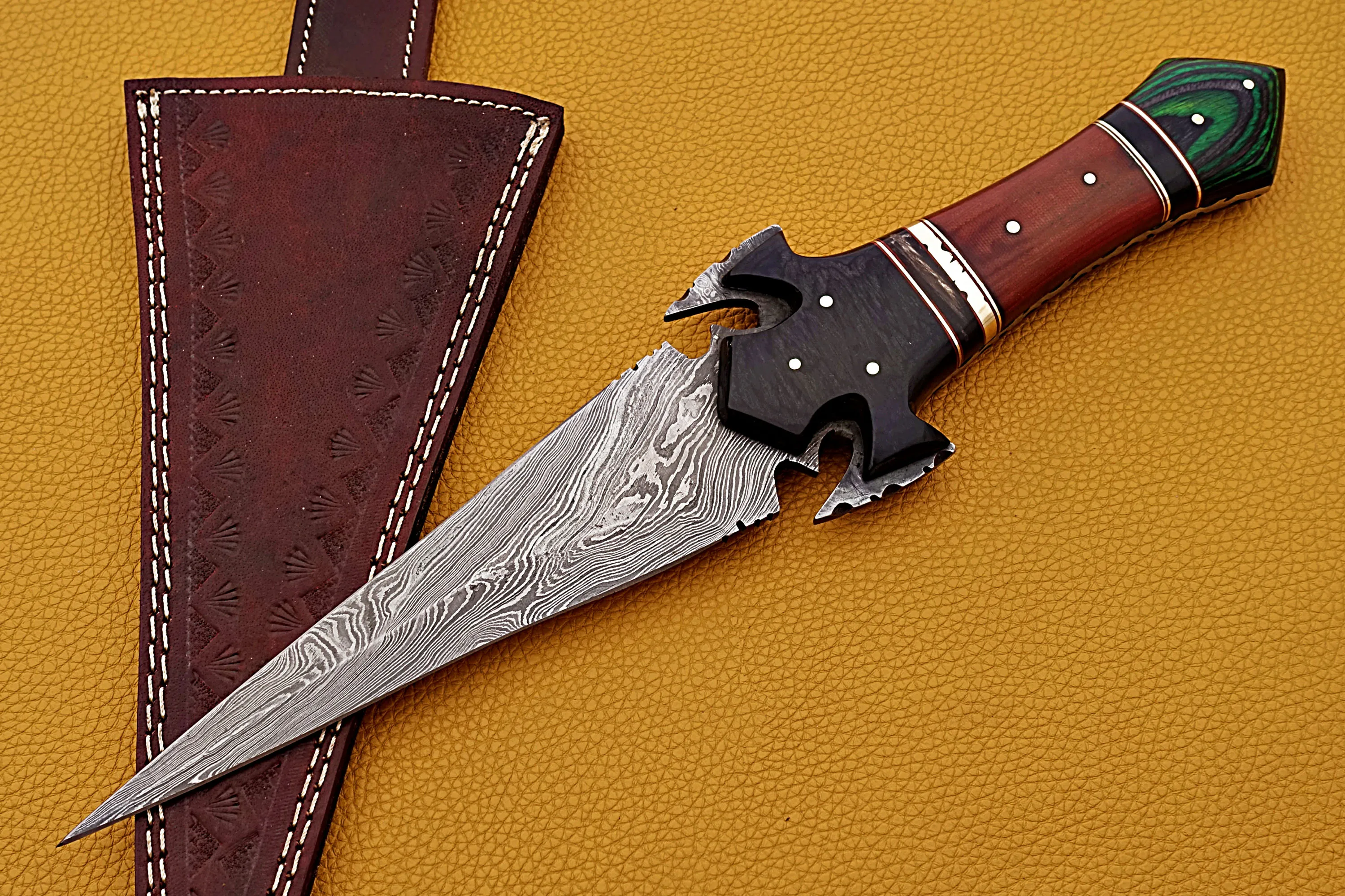 Handmade Damascus Steel Hunting Knife With Pakka Wood Handle And Fine Leather Sheath Outdoor Knife Wholesale Knife