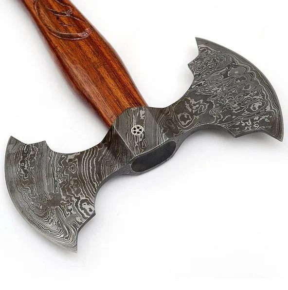 
FABULOUS CUSTOM HAND MADE DESIGN DAMASCUS LOVELY DOUBLE SIDED AXE WITH ROSE WOOD HANDLE WITH SHEATH 