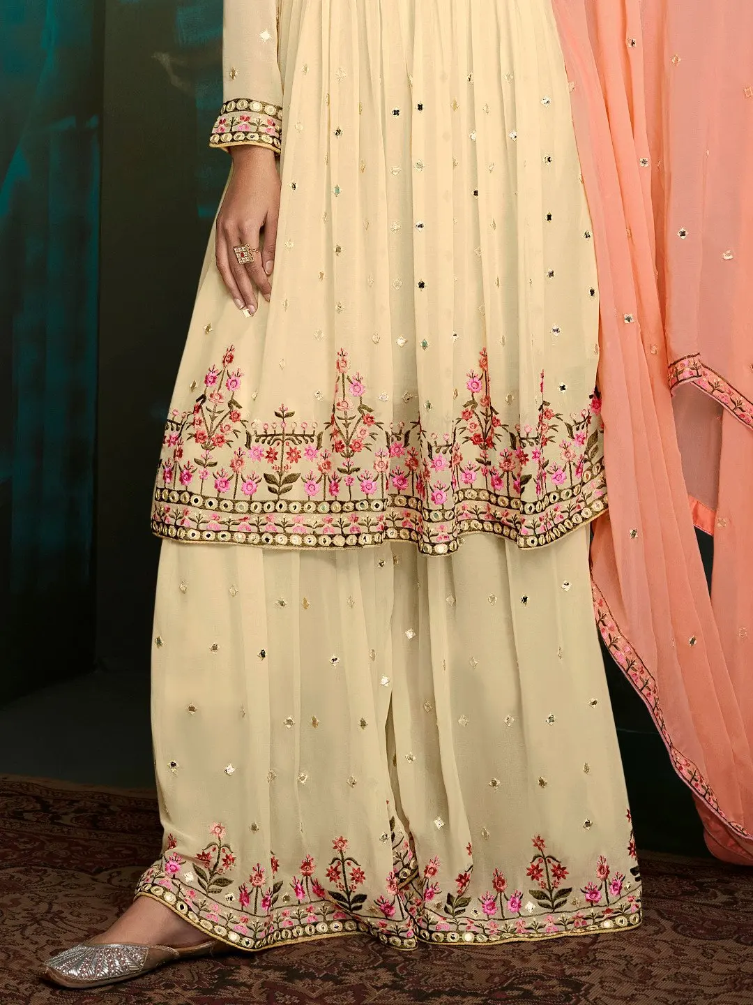 Exclusive Faux Georgette Embroidered Thread Work Stitched Kurta Suit Set Womens Gharara Sharara Latest Style Events Functions