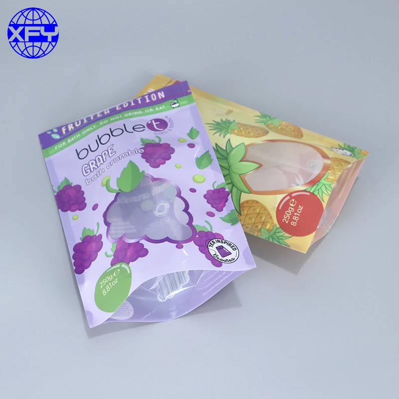 Custom printed stand up resealable ziplock plastic packaging bags with clear window for for body scrub and bath salts packing