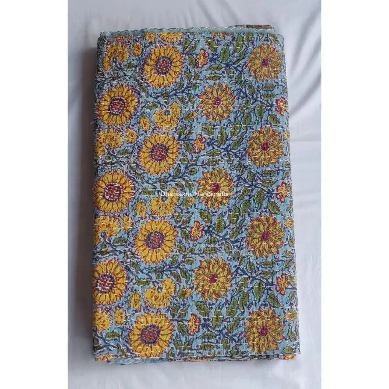 Разноцветное индийское Хлопковое одеяло Kantha с цветочным принтом ручной работы красивое цветочное покрывало оптовая продажа светло-зеленое